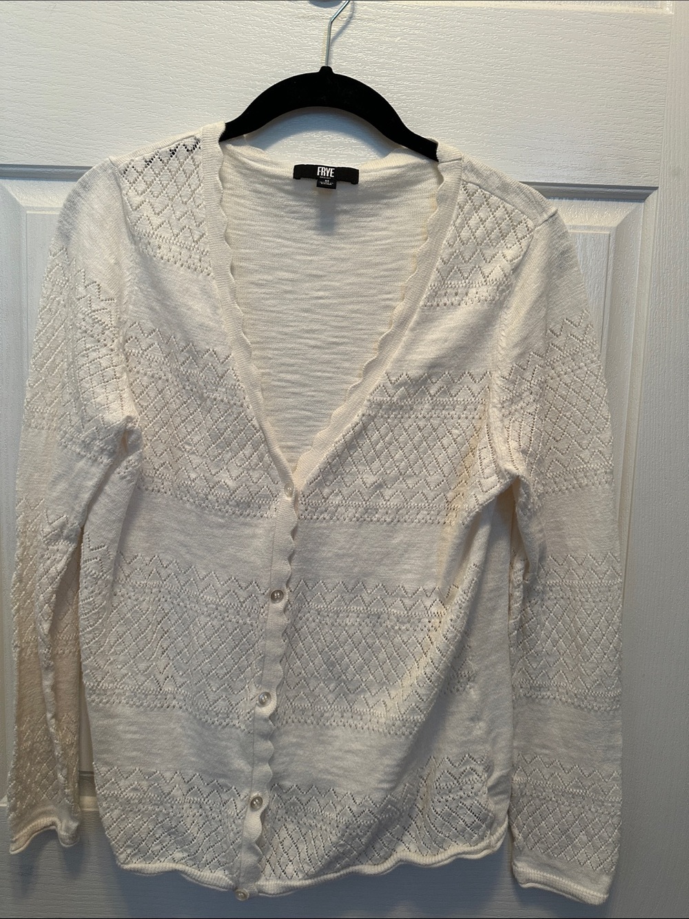 Frye Cream 100% Cotton Eyelet Scallop-Edge Button Cardigan Size Medium